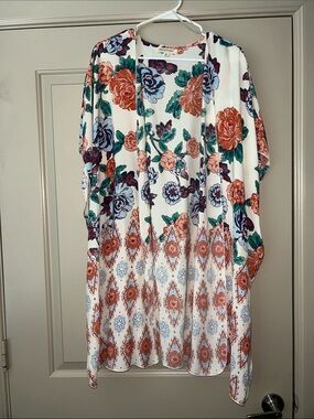 living doll Cream Floral Kimono with Rust and Teal Accents